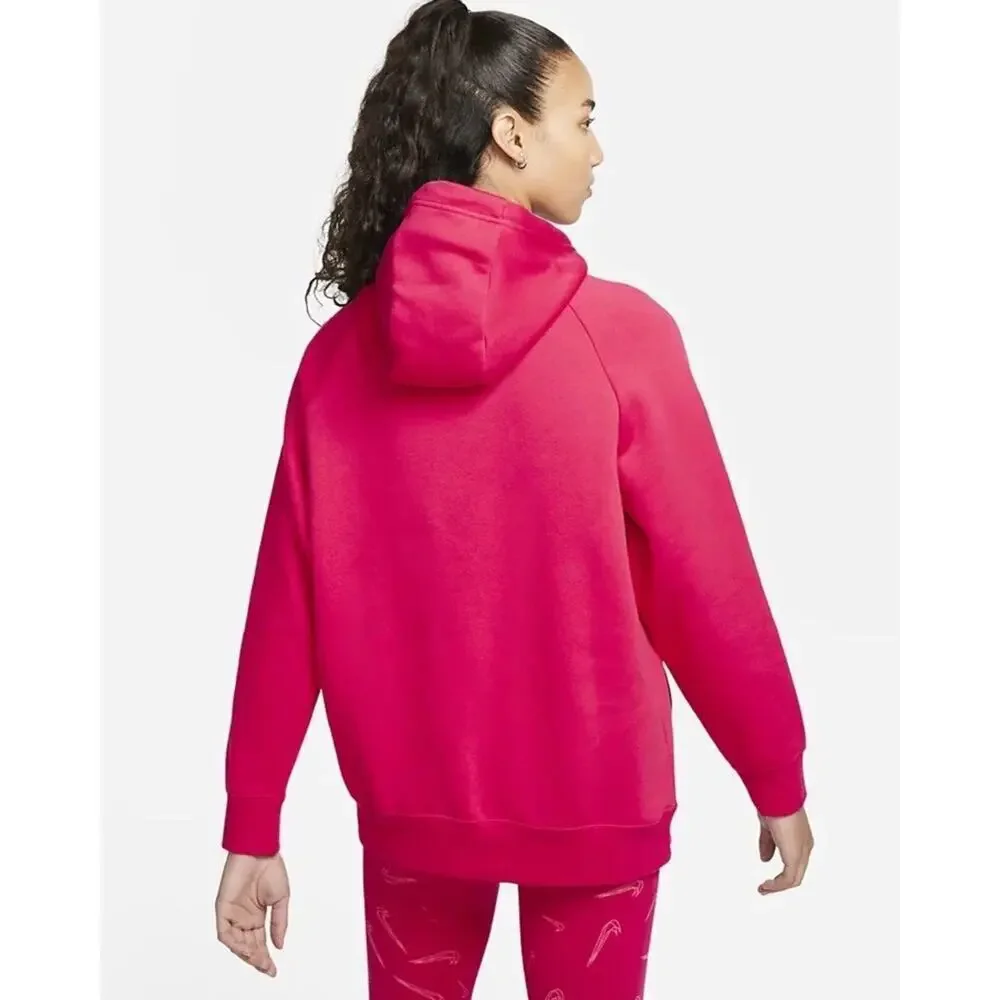 Women's NIke Metallic Oversized Fleece Hoodie XS Bery Red Zipper Pocket Pullover
